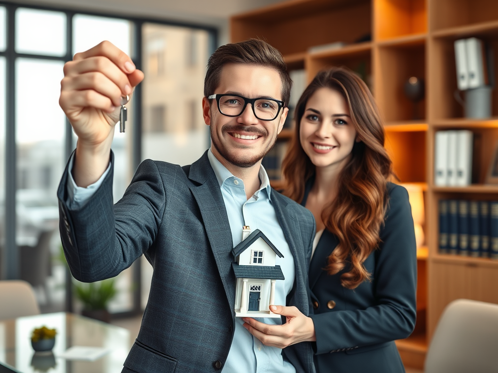 A man and a woman holding a miniature house and keys, smiling in a modern office setting.